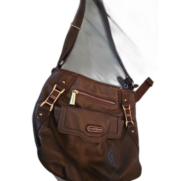 NWOT TYLER RODAN Chocolate Brown Purse, Black and Gold Detail Satchel Preowned - Picture 1 of 11